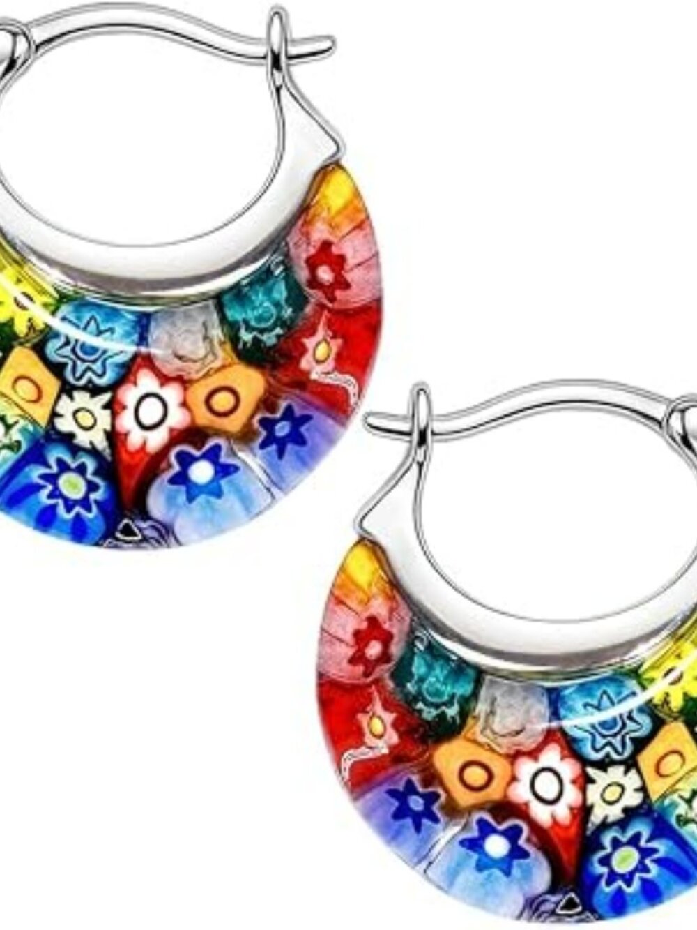 NEW Murano Style Millefiori Glass Hoop Earring Floral Colorful Flower Adorable